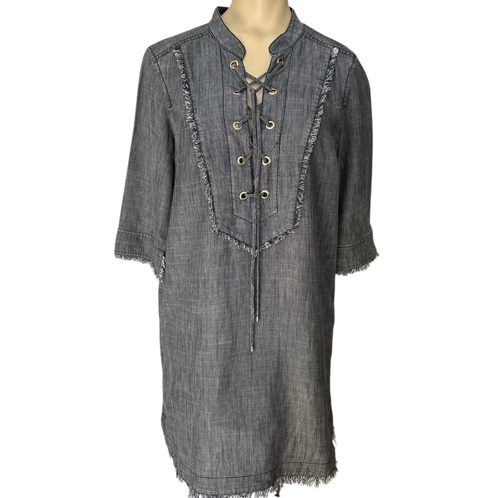 Trina‎ Turk Shirt Dress Women's Size 6 Gray Chambray Popover Lace Up Frayed Hem